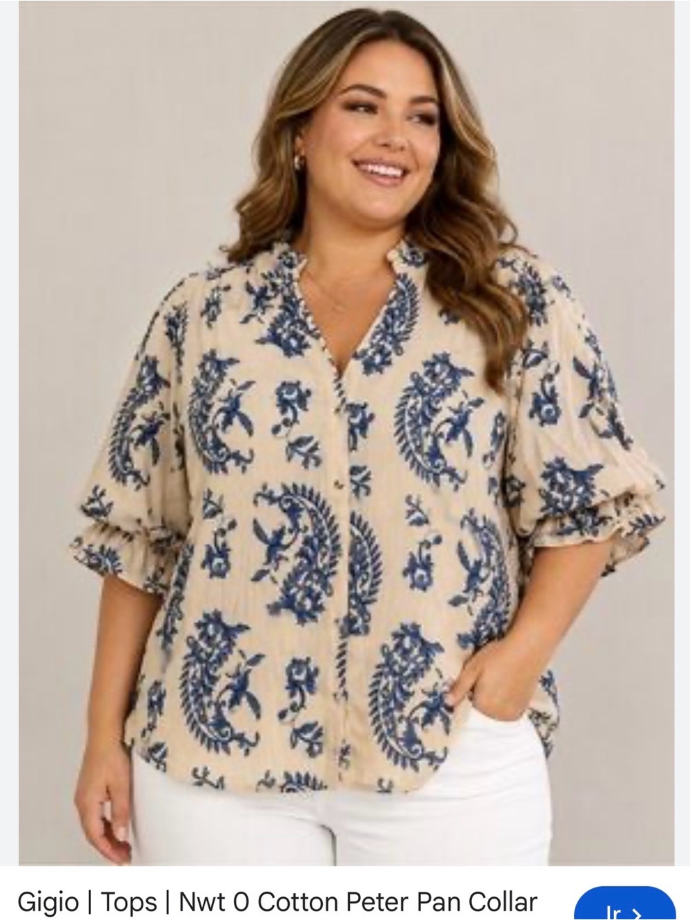 Button-Front Cotton Paisley Top in Beige and Blue